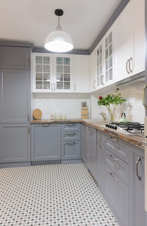 interior of modern luxury grey and white wooden kitchen